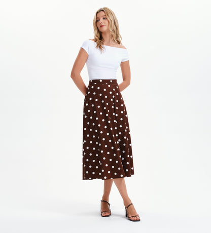 Meeka Brown Polka Dot Cotton A-Line Midi Skirt