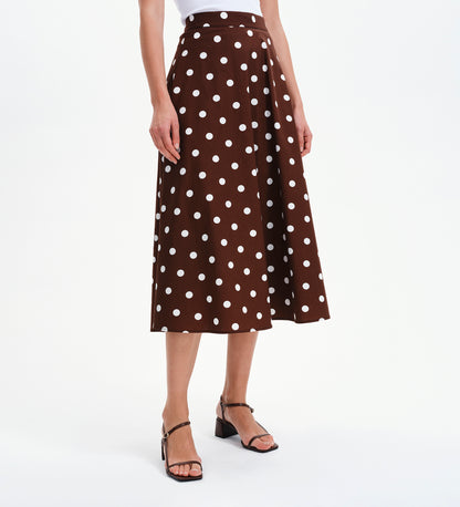 Meeka Brown Polka Dot Cotton A-Line Midi Skirt