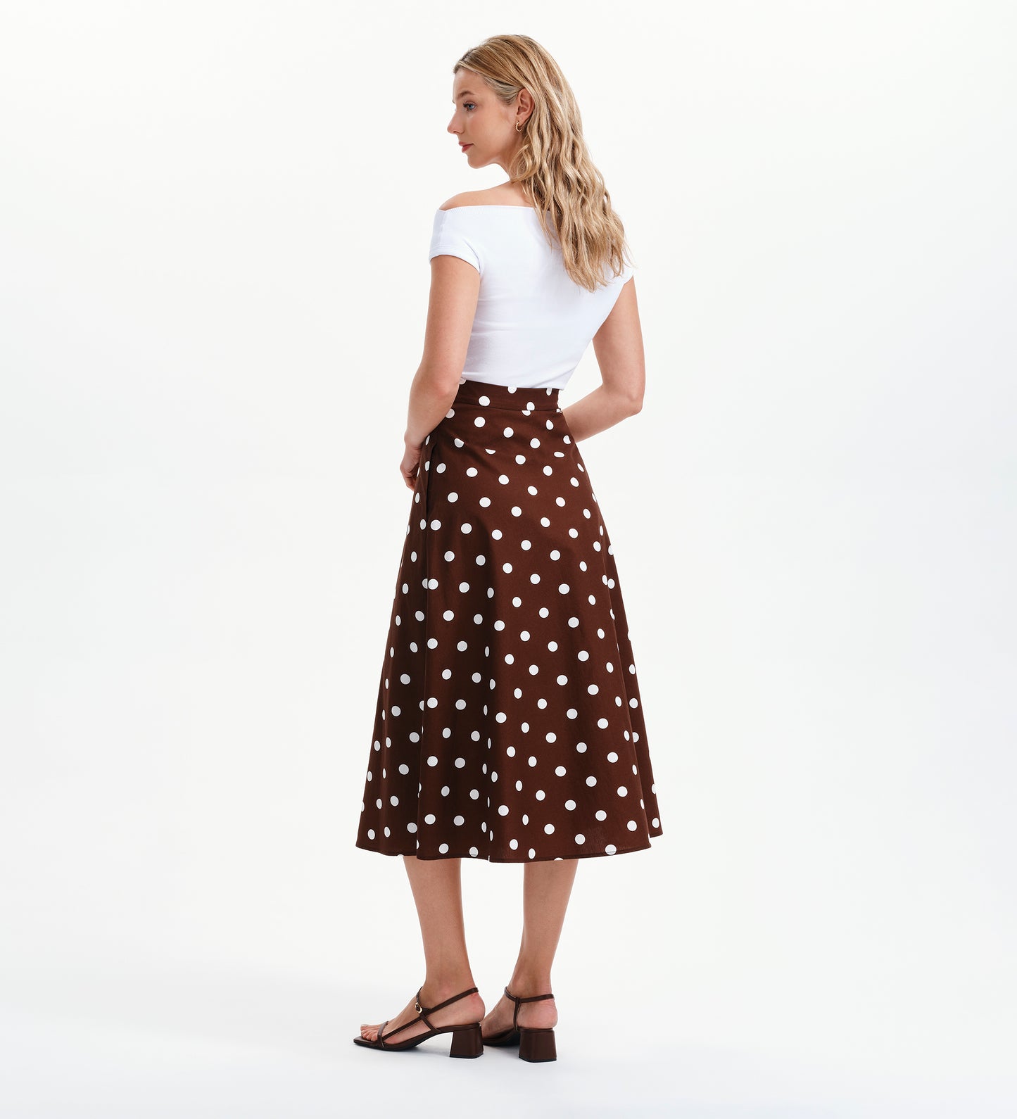 Meeka Brown Polka Dot Cotton A-Line Midi Skirt