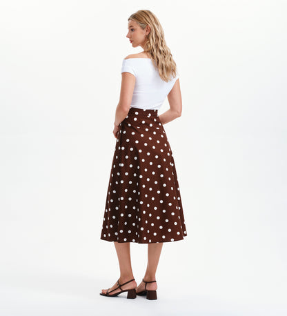 Meeka Brown Polka Dot Cotton A-Line Midi Skirt