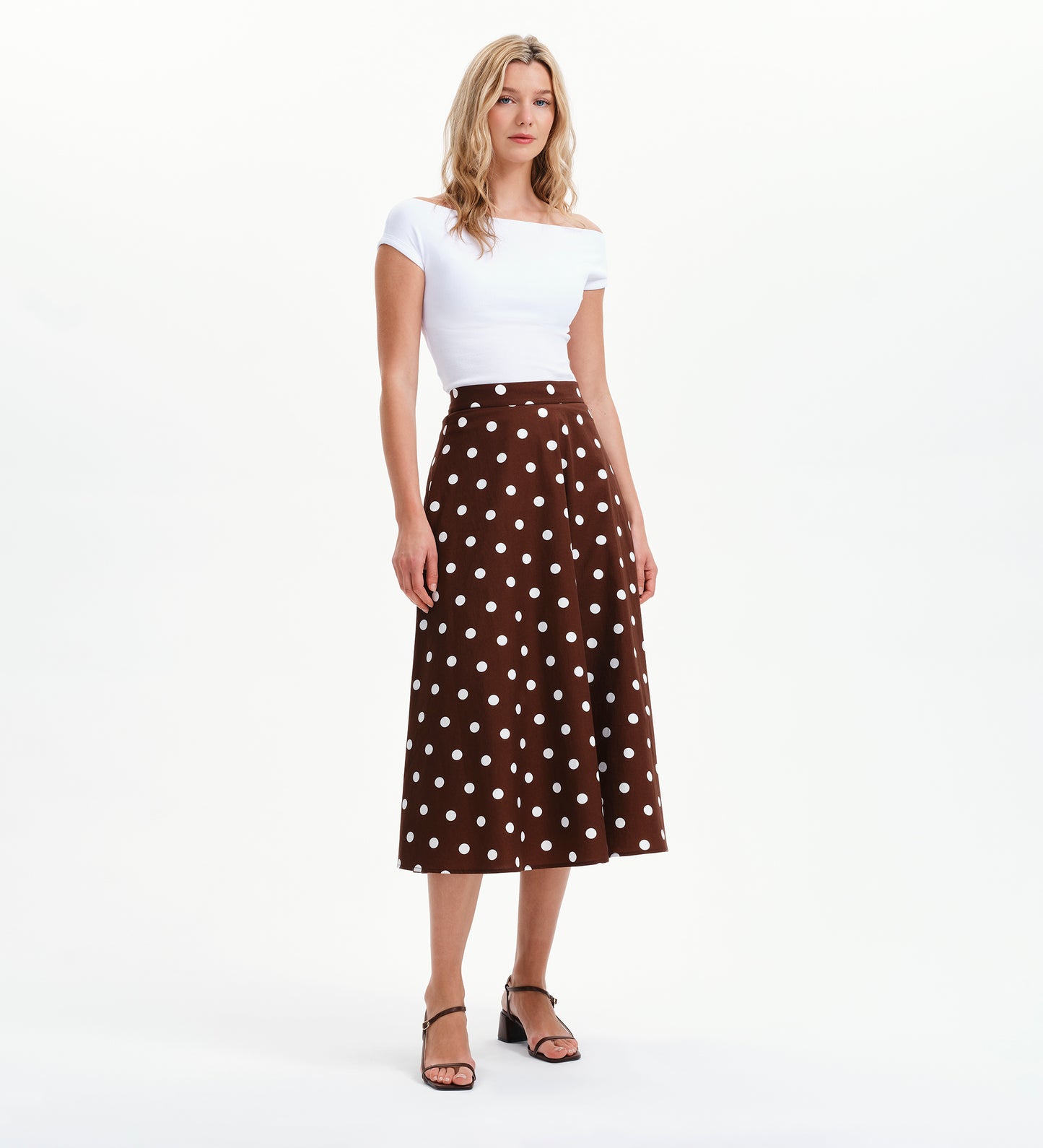 Meeka Brown Polka Dot Cotton A-Line Midi Skirt