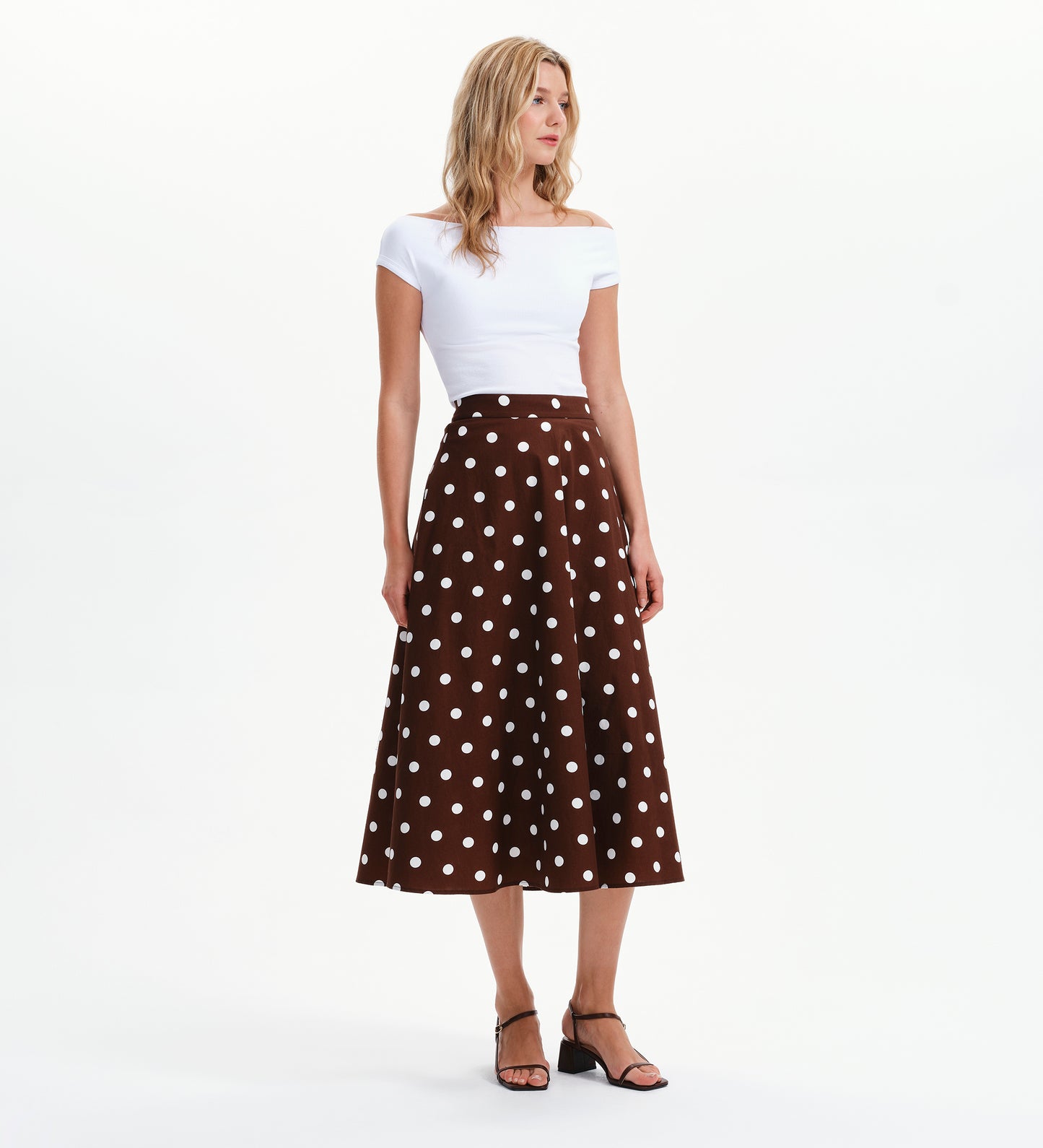 Meeka Brown Polka Dot Cotton A-Line Midi Skirt