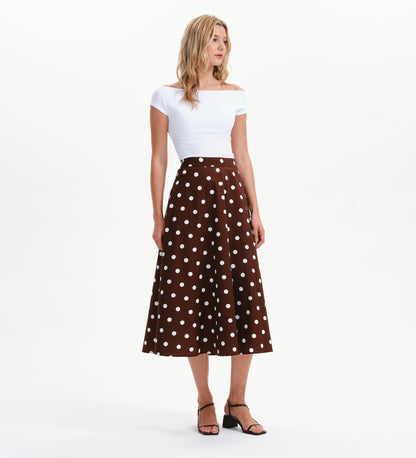 Meeka Brown Polka Dot Cotton A-Line Midi Skirt