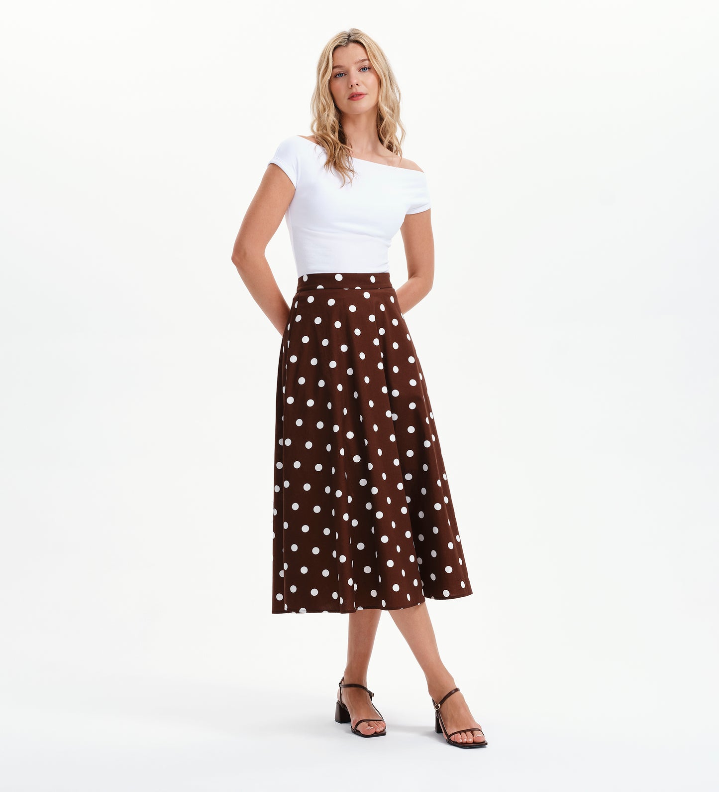 Meeka Brown Polka Dot Cotton A-Line Midi Skirt