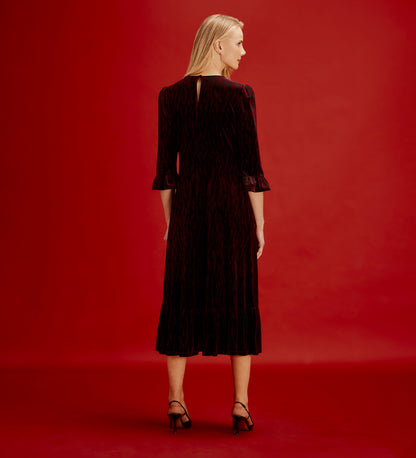 Scarlett Burgundy Zebra Velvet Ruffle Cuff Tiered Midi Dress