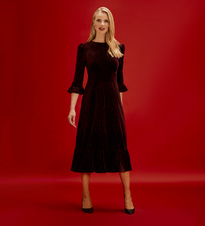 Scarlett Burgundy Zebra Velvet Ruffle Cuff Tiered Midi Dress