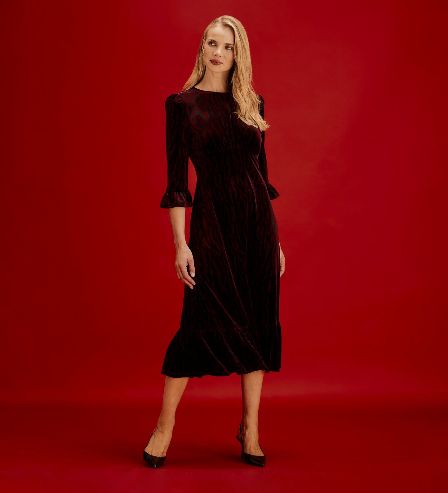 Scarlett Burgundy Zebra Velvet Ruffle Cuff Tiered Midi Dress