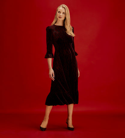 Scarlett Burgundy Zebra Velvet Ruffle Cuff Tiered Midi Dress