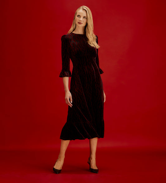 Scarlett Burgundy Zebra Velvet Ruffle Cuff Tiered Midi Dress