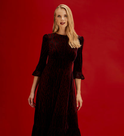 Scarlett Burgundy Zebra Velvet Ruffle Cuff Tiered Midi Dress