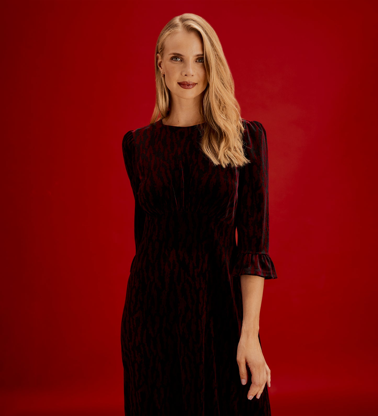 Scarlett Burgundy Zebra Velvet Ruffle Cuff Tiered Midi Dress