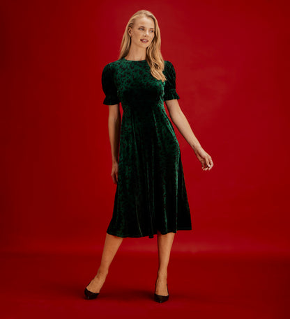 Mela Green Animal Velvet Midi Tea Dress