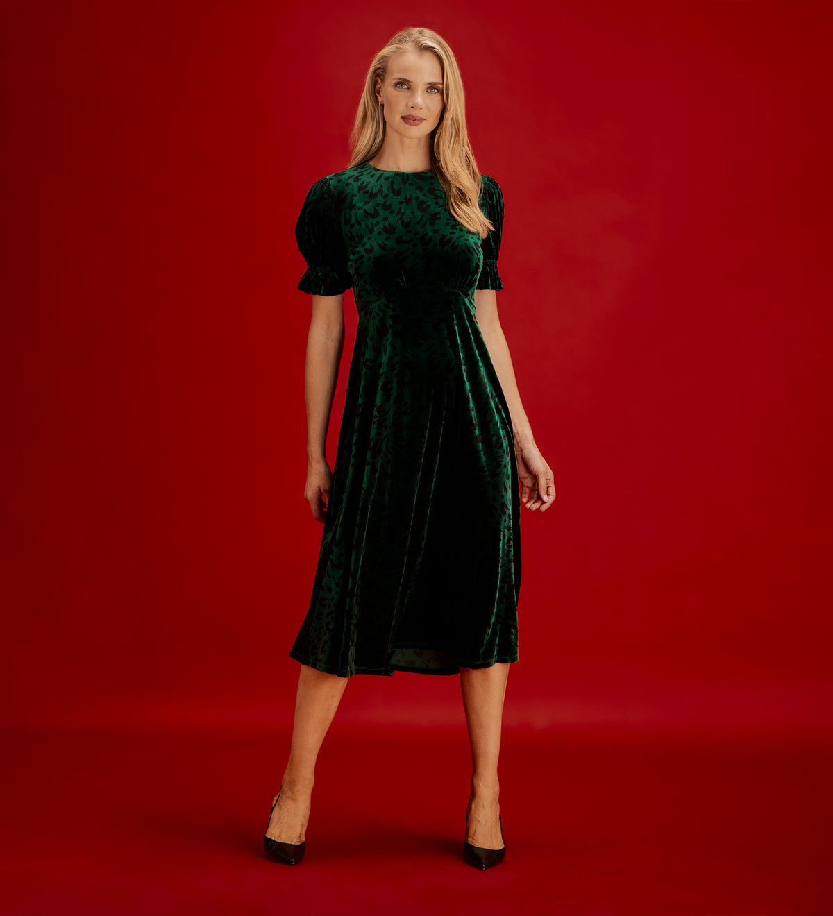 Mela Green Animal Velvet Midi Tea Dress