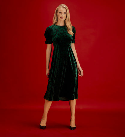 Mela Green Animal Velvet Midi Tea Dress