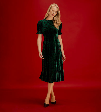 Mela Green Animal Velvet Midi Tea Dress