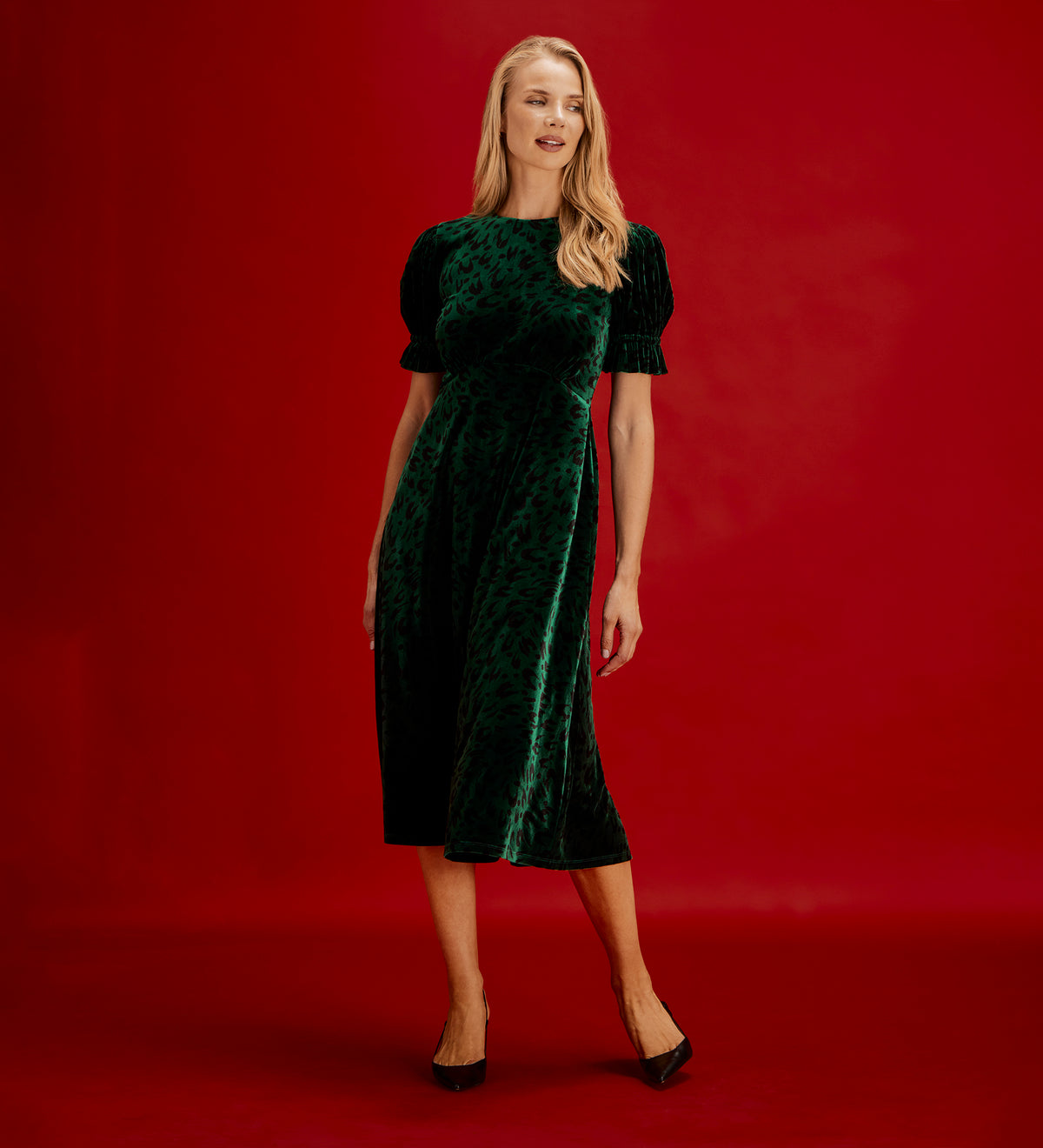 Mela Green Animal Velvet Midi Tea Dress
