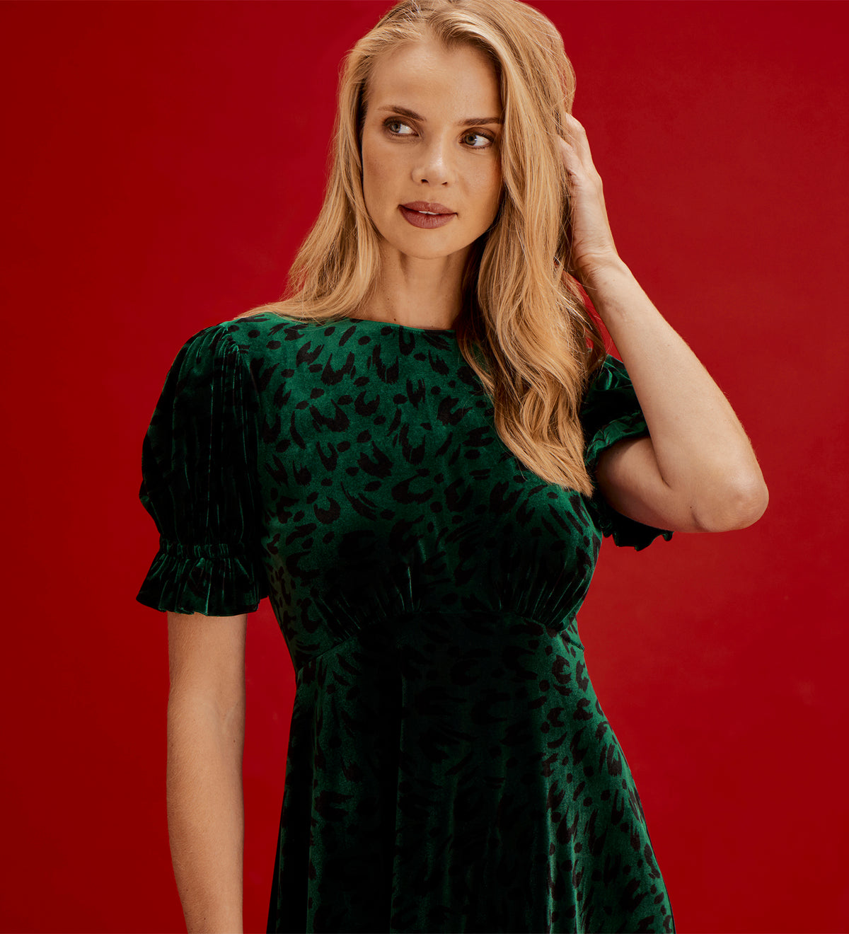 Mela Green Animal Velvet Midi Tea Dress