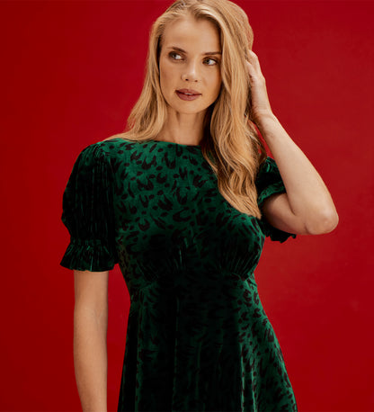 Mela Green Animal Velvet Midi Tea Dress