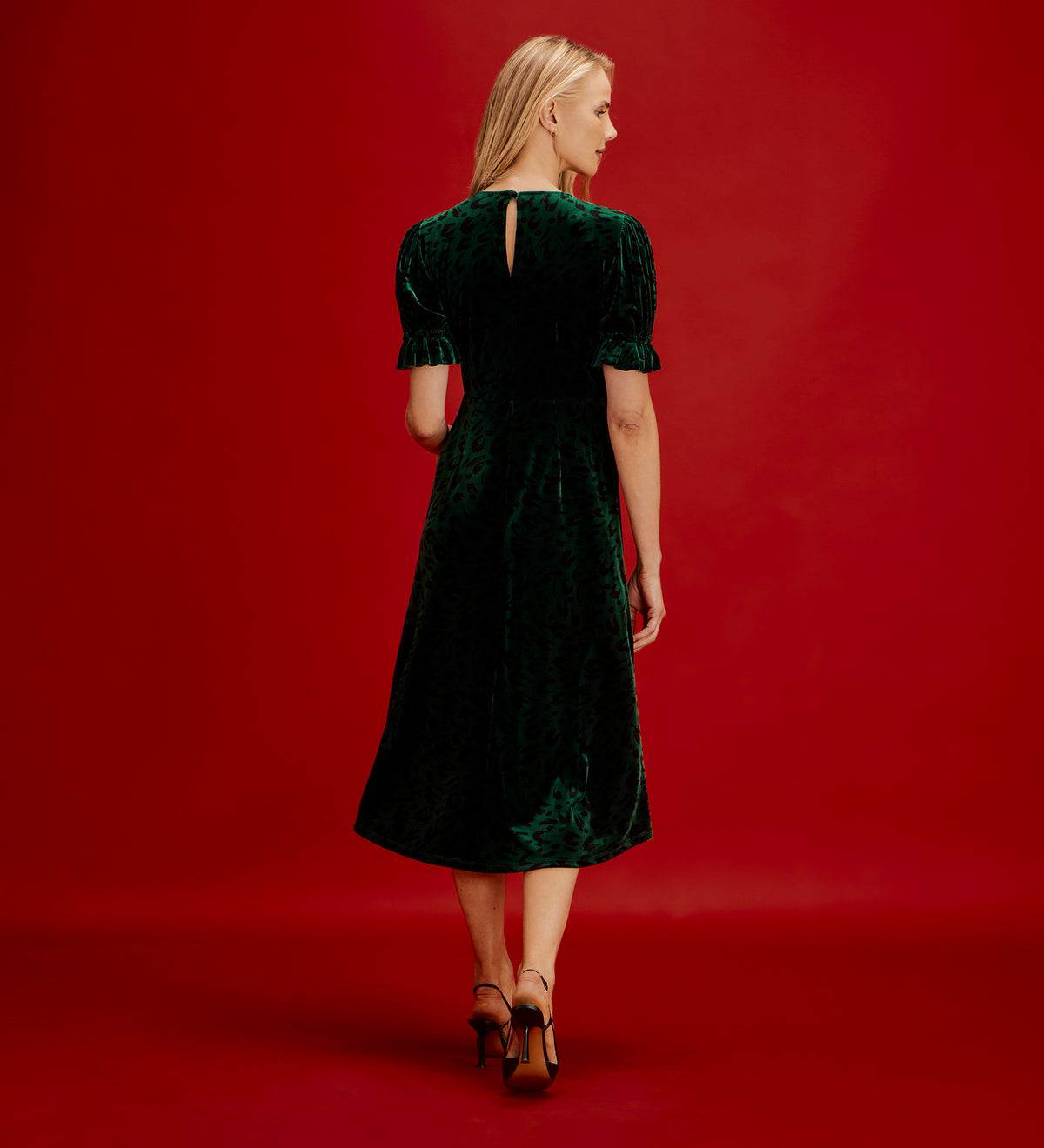 Mela Green Animal Velvet Midi Tea Dress