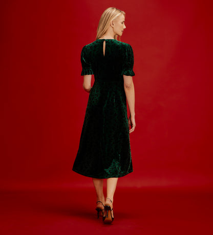 Mela Green Animal Velvet Midi Tea Dress