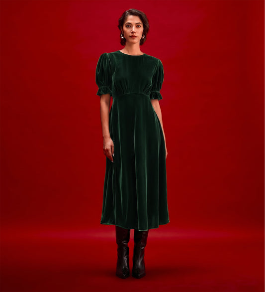 Mela Bottle Green Velvet Midi Tea Dress
