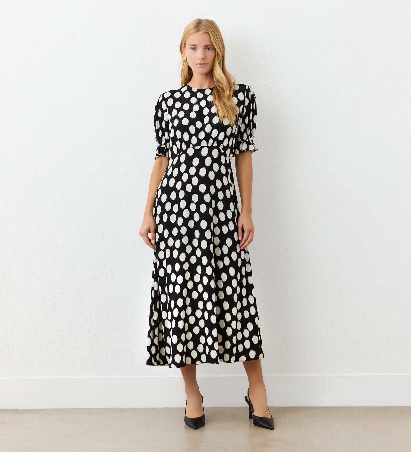 Mela Black Polka Dot Crepe Midi Dress – Finery London