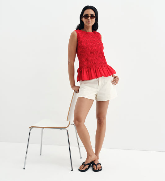 Malani Red Cotton Poplin Shirred Peplum Shell Top