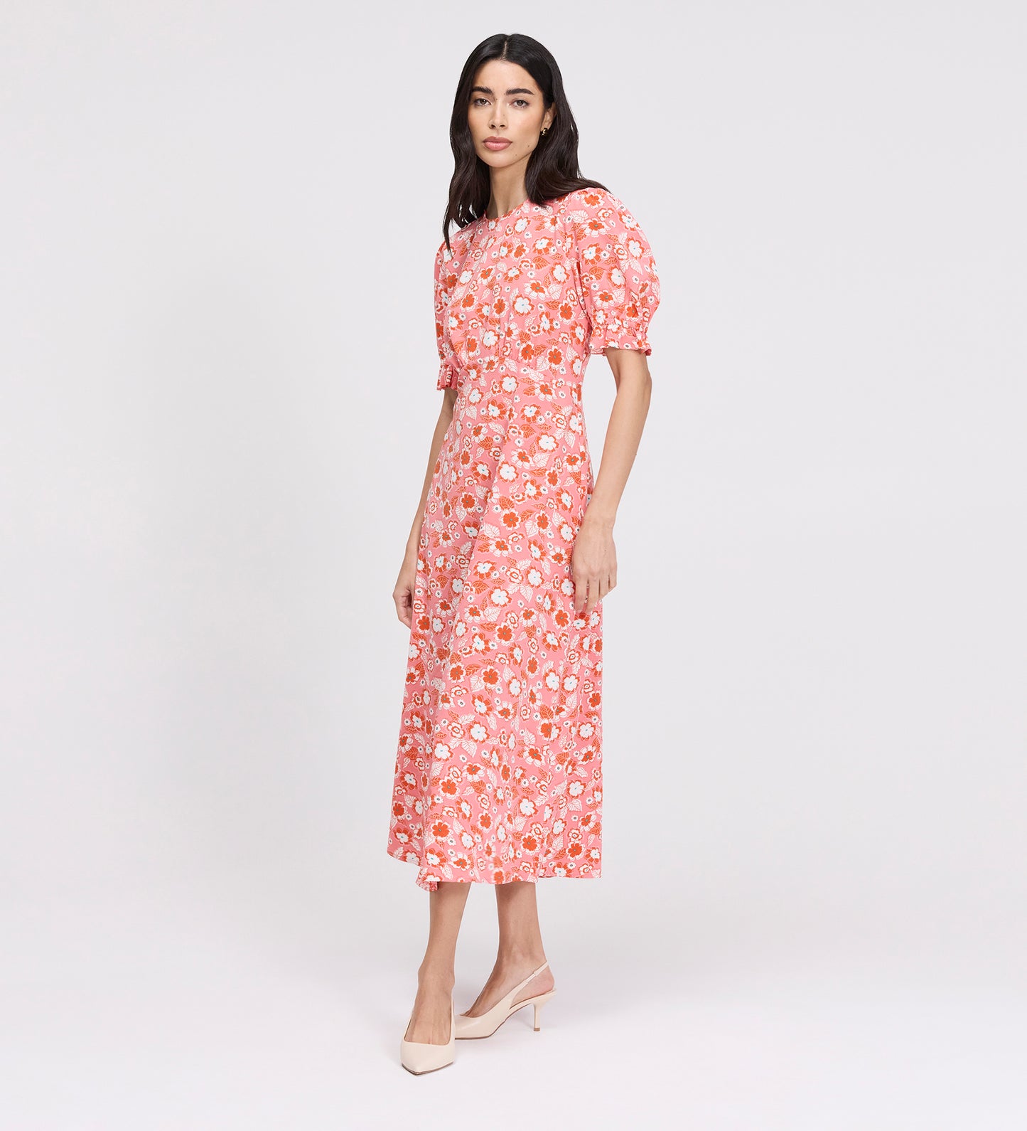 Mela Pink Flowers Midi Tea Dress
