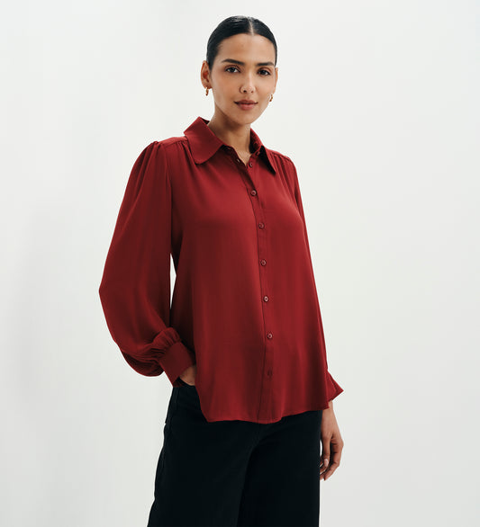 Melina Burgundy Button Through Lightweight Yoke Blouse
