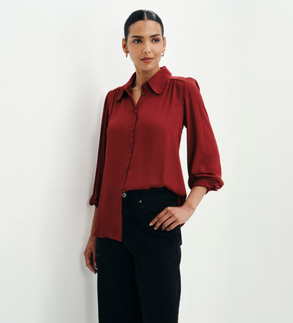 Melina Burgundy Button Through Lightweight Yoke Blouse