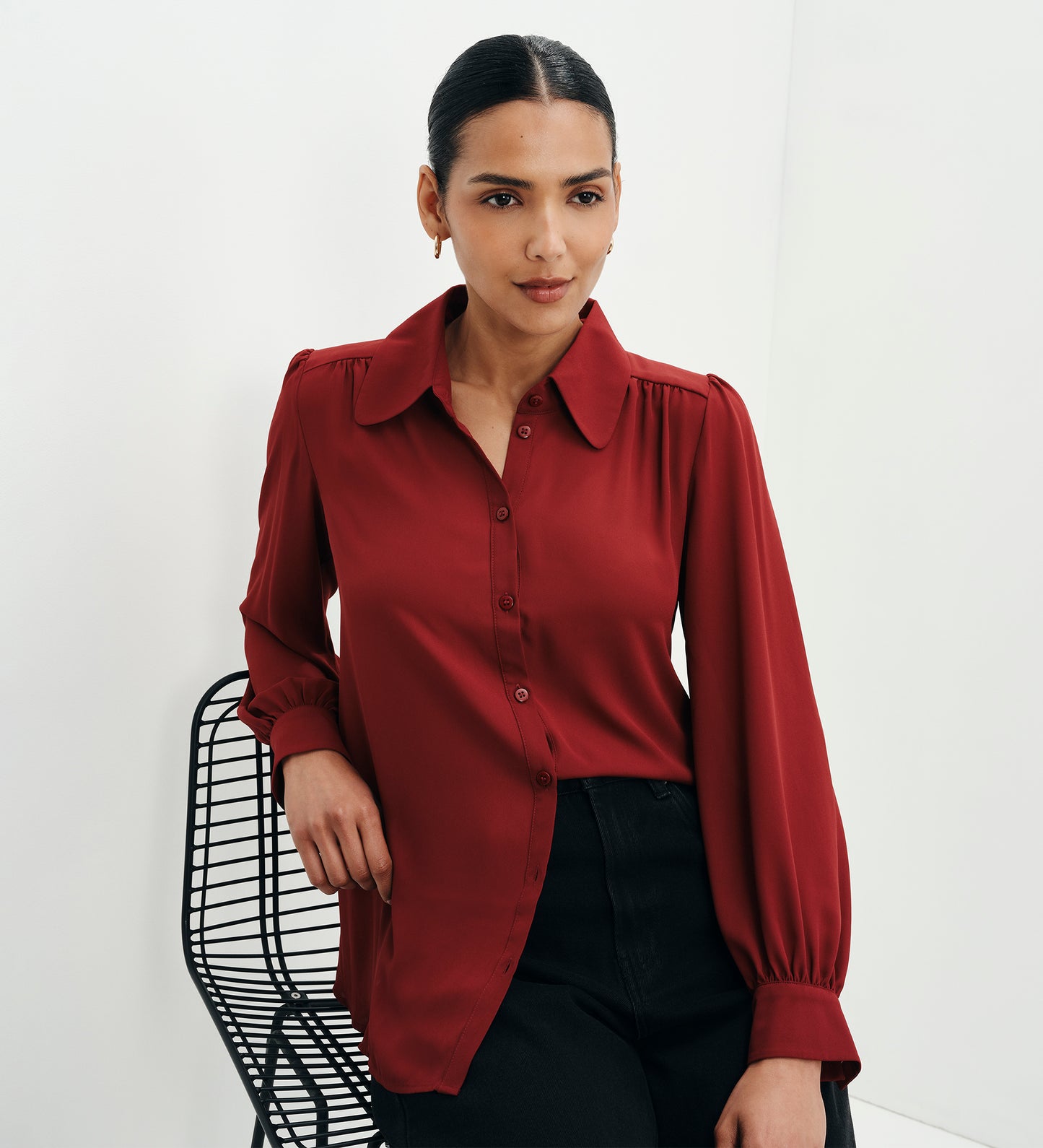 Melina Burgundy Button Through Lightweight Yoke Blouse