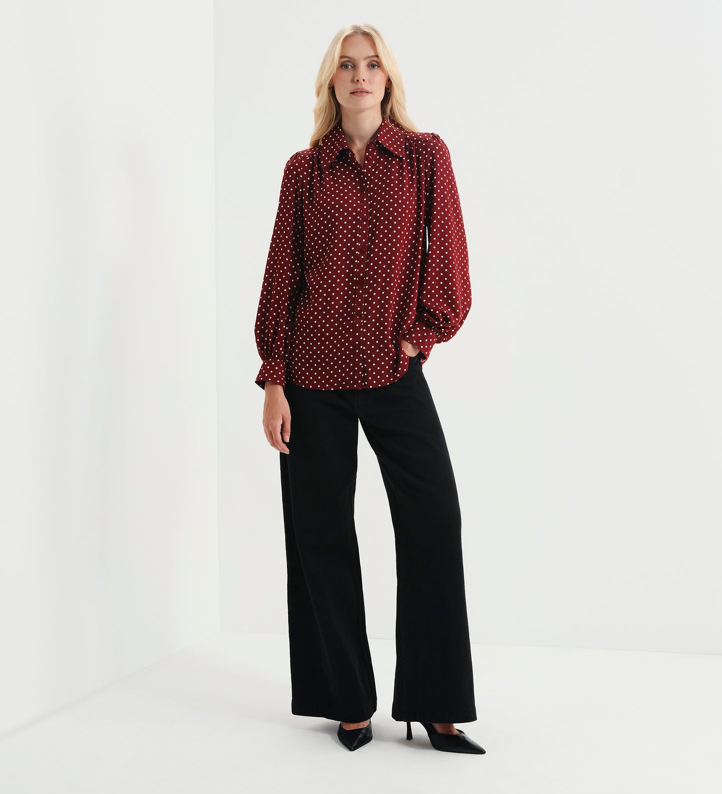 Melina Burgundy Polka Dot Button Through Lightweight Yoke Blouse