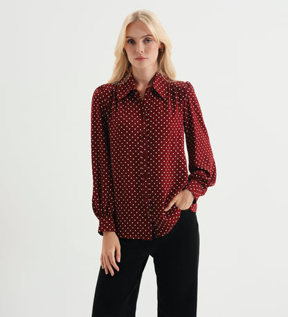 Melina Burgundy Polka Dot Button Through Lightweight Yoke Blouse