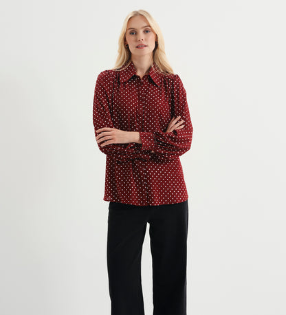 Melina Burgundy Polka Dot Button Through Lightweight Yoke Blouse