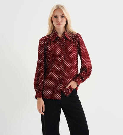 Melina Burgundy Polka Dot Button Through Lightweight Yoke Blouse