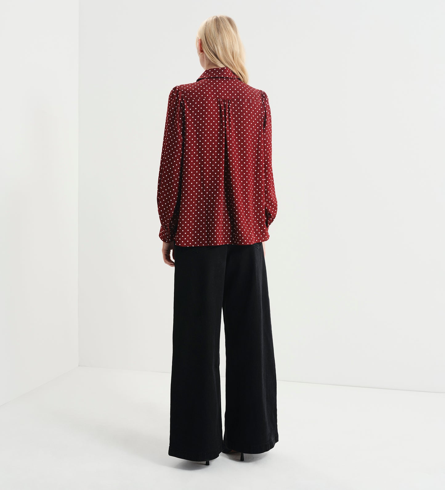 Melina Burgundy Polka Dot Button Through Lightweight Yoke Blouse