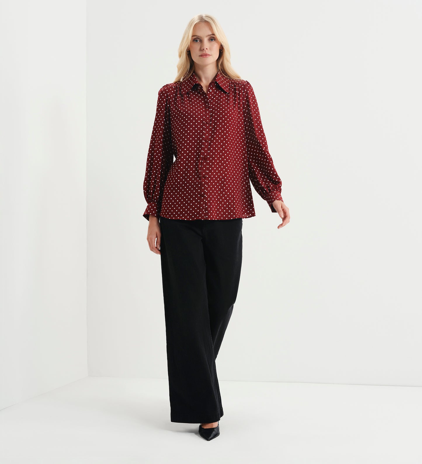 Melina Burgundy Polka Dot Button Through Lightweight Yoke Blouse