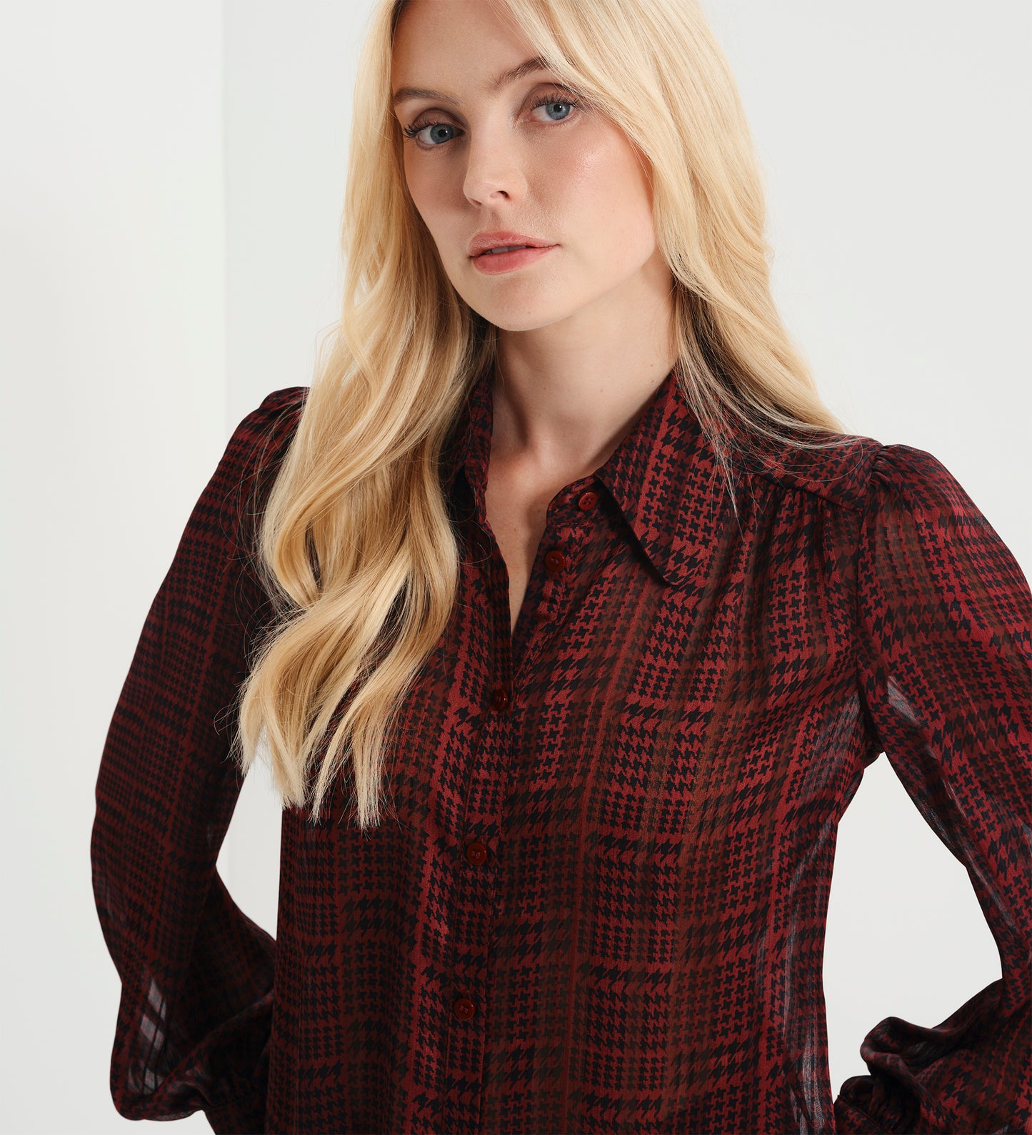 Melina Burgundy Houndstooth Chiffon Relaxed Fit Gathered Yoke Shirt
