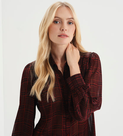 Melina Burgundy Houndstooth Chiffon Relaxed Fit Gathered Yoke Shirt