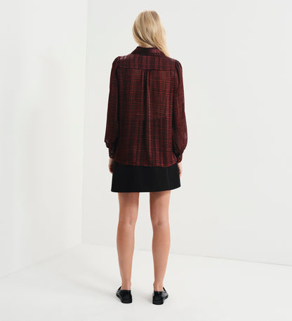 Melina Burgundy Houndstooth Chiffon Relaxed Fit Gathered Yoke Shirt