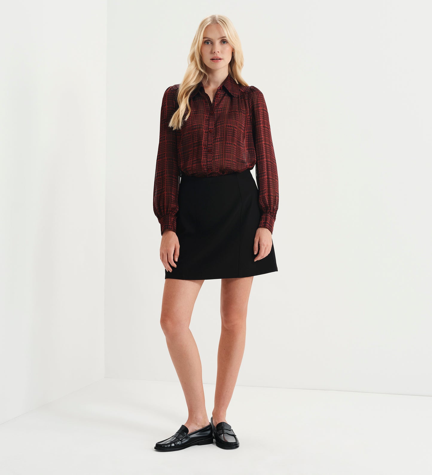 Melina Burgundy Houndstooth Chiffon Relaxed Fit Gathered Yoke Shirt