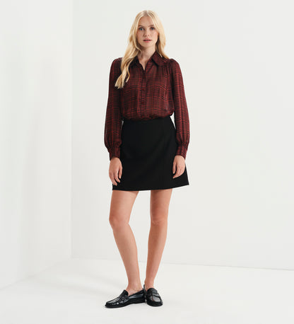 Melina Burgundy Houndstooth Chiffon Relaxed Fit Gathered Yoke Shirt