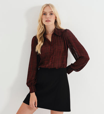 Melina Burgundy Houndstooth Chiffon Relaxed Fit Gathered Yoke Shirt