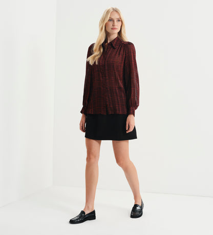 Melina Burgundy Houndstooth Chiffon Relaxed Fit Gathered Yoke Shirt