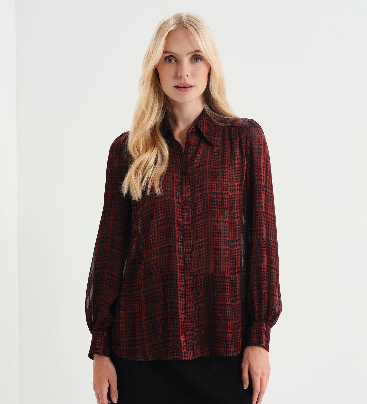 Melina Burgundy Houndstooth Chiffon Relaxed Fit Gathered Yoke Shirt
