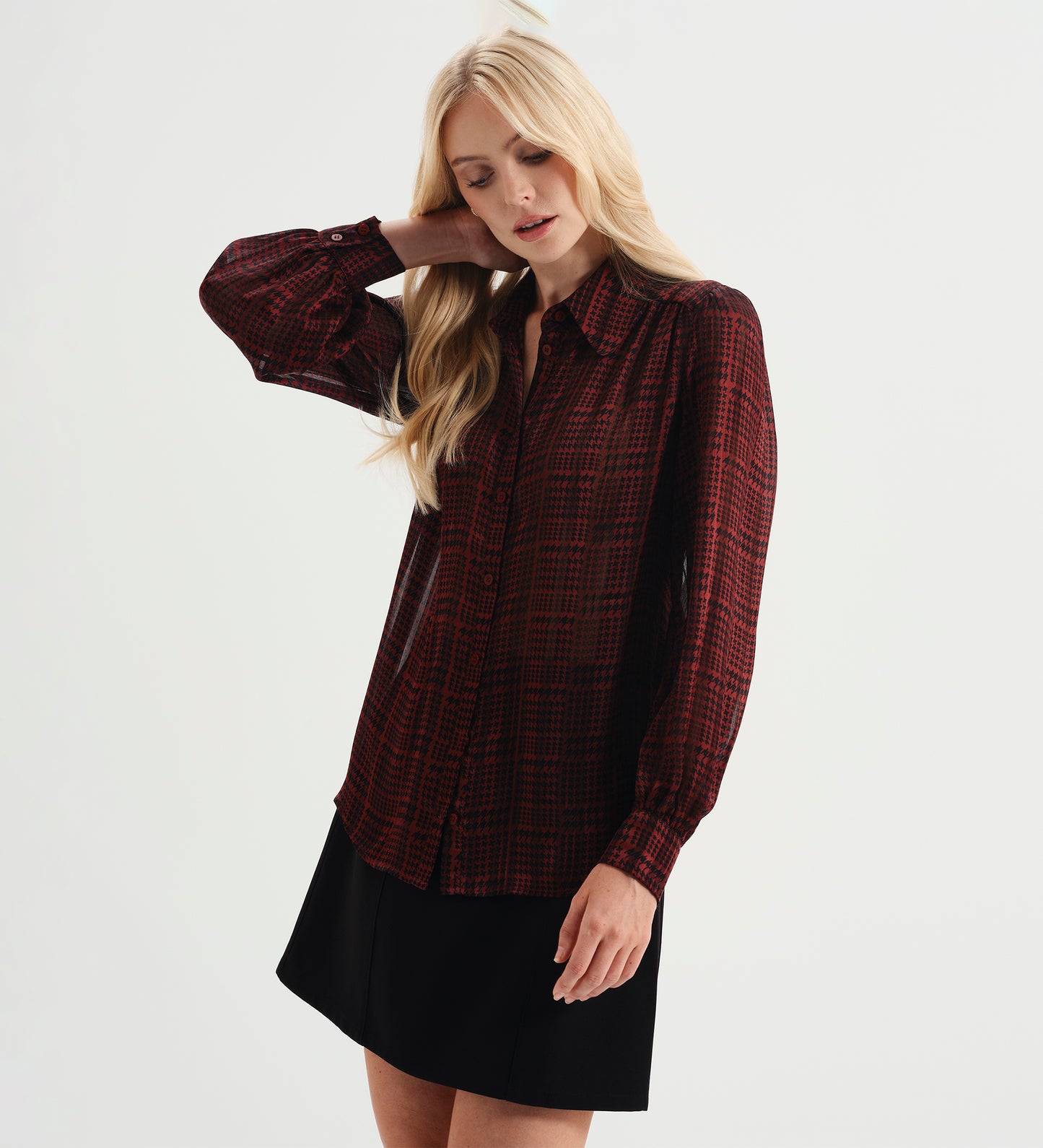 Melina Burgundy Houndstooth Chiffon Relaxed Fit Gathered Yoke Shirt
