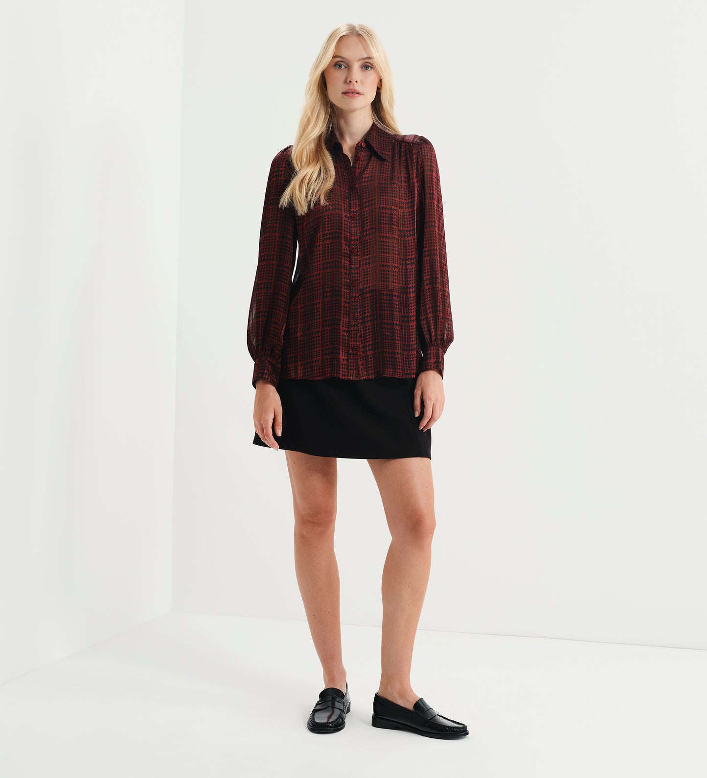 Melina Burgundy Houndstooth Chiffon Relaxed Fit Gathered Yoke Shirt