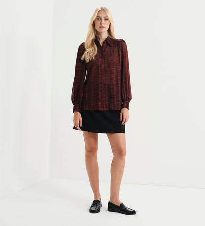 Melina Burgundy Houndstooth Chiffon Relaxed Fit Gathered Yoke Shirt