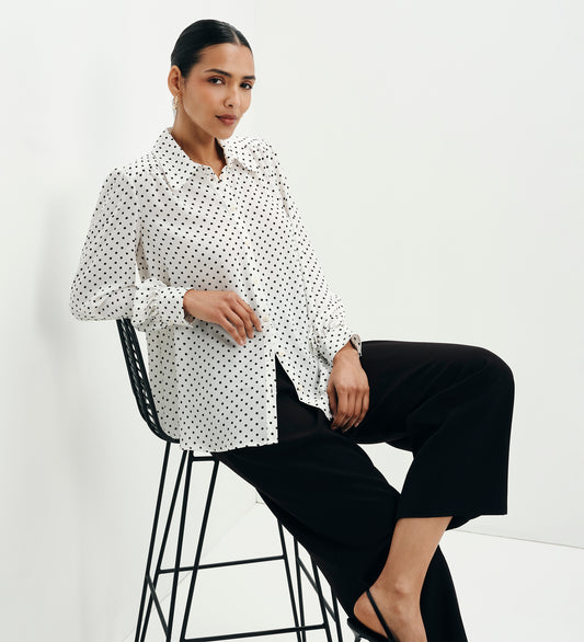 Melina Ivory Polka Dot Button Through Lightweight Yoke Blouse