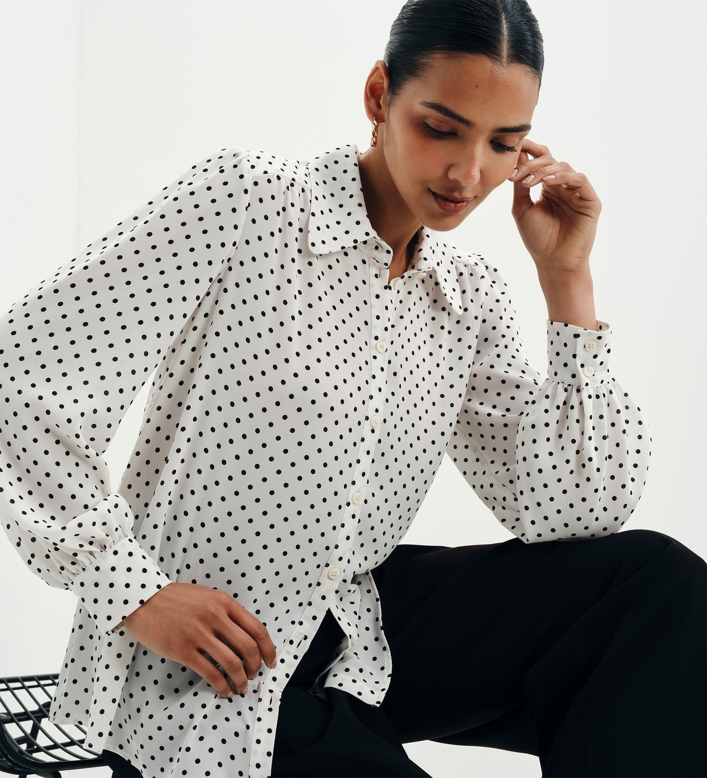 Melina Ivory Polka Dot Button Through Lightweight Yoke Blouse